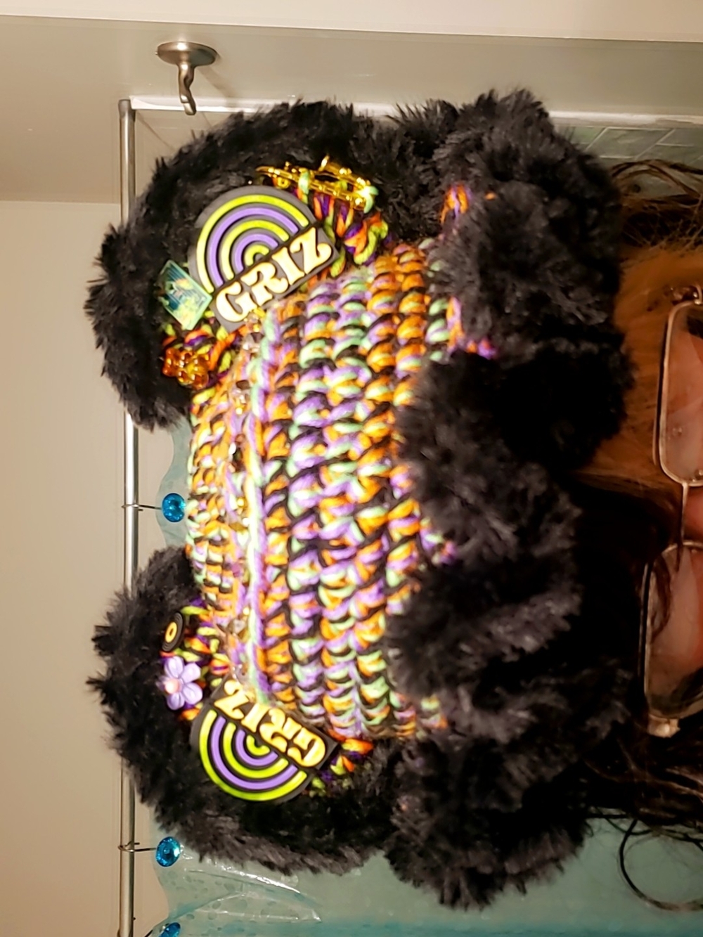 Multicolor GriZ Crochet Bucket Hat with Black Faux Fur Trim and Funky Pins
